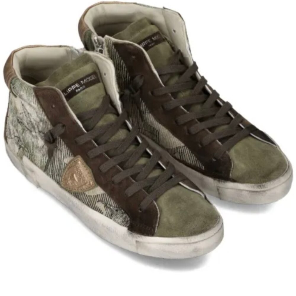Philippe Model PRSX High-Top Sneakers in Olive Green/Brown